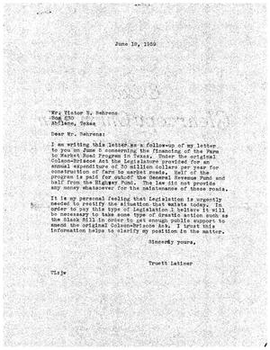 [Letter from Truett Latimer to Victor E. Behrens, June 18, 1959]