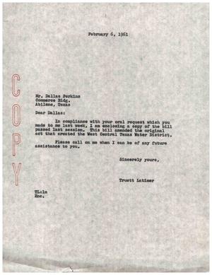 [Letter from Truett Latimer to Dallas Perkins, February 6, 1961]