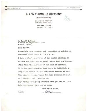 [Letter from Ira J. Allen to Truett Latimer, March 15, 1961]