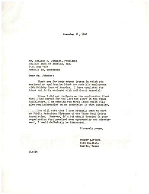 [Letter from Truett Latimer to Wallace E. Johnson, November 12, 1962]