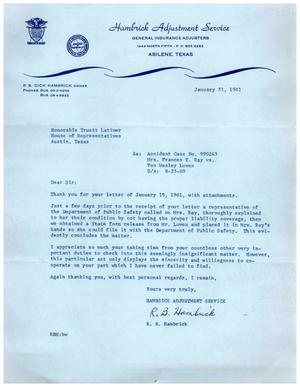 [Letter from R. B. Hambrick to Truett Latimer, January 31, 1961]