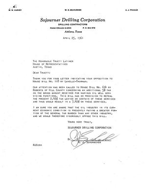 [Letter from R. J. Schumacher to Truett Latimer, April 25, 1961]
