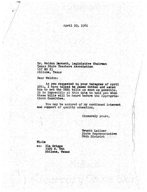 [Letter from Truett Latimer to Weldon Barnett, April 19, 1961]