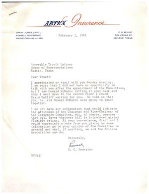 [Letter from R. C. Howerton to Truett Latimer, February 1, 1961]
