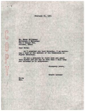 [Letter from Truett Latimer to Morey Millerman, February 21, 1961]