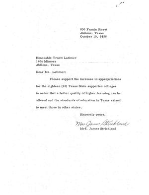 [Letter from Mrs. James Strickland to Truett Latimer, October 10, 1958]