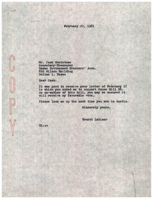 [Letter from Truett Latimer to Jack Whetstone, February 20, 1961]