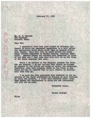 [Letter from Truett Latimer to R. E. Kennedy, February 17, 1961]
