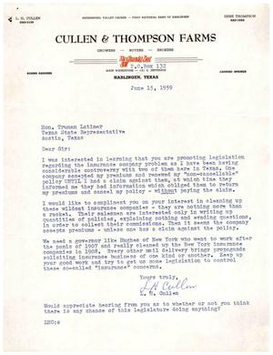 [Letter from L. H. Cullen to Truett Latimer, June 15, 1959]