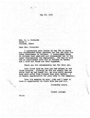 [Letter from Truett Latimer to Mrs. M. D. Richards, May 18, 1961]