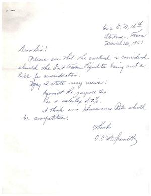 [Letter from O. C. McDermett to Truett Latimer, March 20, 1961]