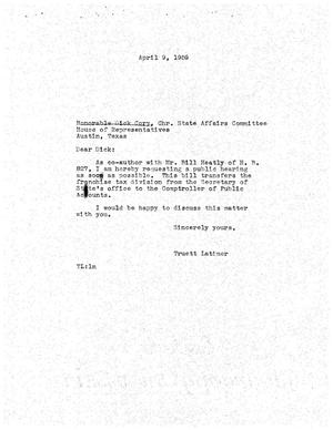 [Letter from Truett Latimer to Dick Cory, April 9, 1959]