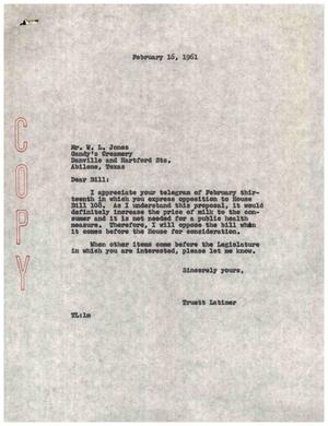 [Letter from Truett Latimer to W. L. Jones, February 16, 1961]