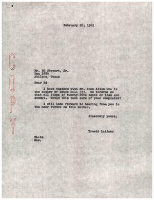 [Letter from Truett Latimer to Ed Stewart, Jr., February 28, 1961]