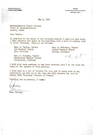 [Letter from Gene McCombs to Truett Latimer, May 4, 1961]