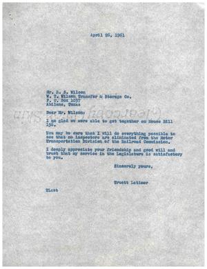 [Letter from Truett Latimer to R. S. Wilson, April 26, 1961]