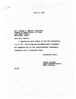 [Letter from Truett Latimer to Mrs. George C. Boller, May 11, 1961]