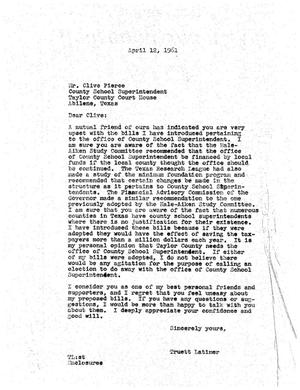 [Letter from Truett Latimer to Clive Pierce, April 12, 1961]