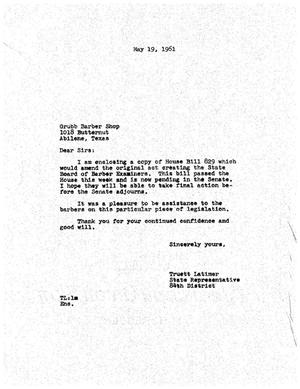[Letter from Truett Latimer to Grubb Barber Shop, May 19, 1961]