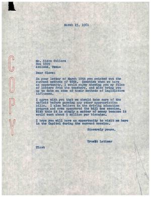 [Letter from Truett Latimer to Cleve Cullers, March 15, 1961]