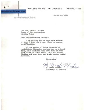 [Letter from B. Frank Rhodes to Truett Latimer, April 14, 1961]