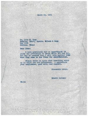 [Letter from Truett Latimer to John P. Camp, March 23, 1961]
