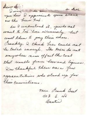 [Letter from Mrs. Frank Burt Discussing a Tax Bill]