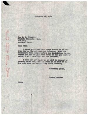 [Letter from Truett Latimer to W. N. Tindell, February 14, 1961]