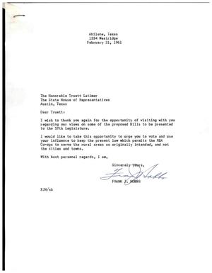 [Letter from Frank J. Hobbs to Truett Latimer, February 12, 1961]
