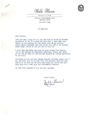 [Letter from Noble Harris to Truett Latimer, February 18, 1961]