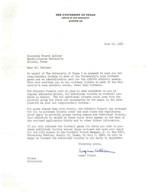 [Letter from Logan Wilson to Truett Latimer, June 16, 1960]