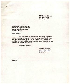 [Letter from A. E. Drake to Truett Latimer, April 5, 1961]