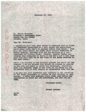 [Letter from Truett Latimer to Shella Thornton, February 27, 1961]