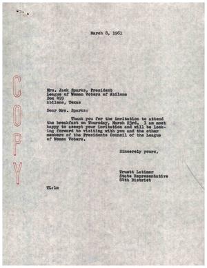 [Letter from Truett Latimer to Mrs. Jack Sparks, March 8, 1961]