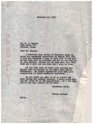 [Letter from Truett Latimer to W. S. Wagley, February 15, 1961]