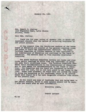 [Letter from Truett Latimer to Mrs. Emmett M. Whatley, January 20, 1961]