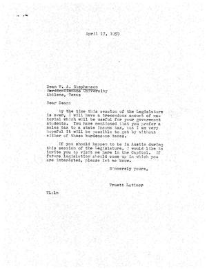 [Letter from Truett Latimer to W. A. Stephenson, April 17, 1959]