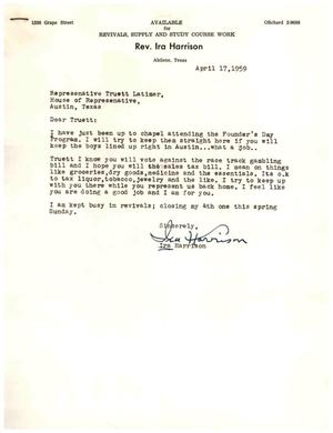 [Letter from Ira Harrison to Truett Latimer, April 17, 1959]