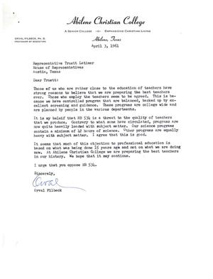 [Letter from Orval Filbeck to Truett Latimer, April 3, 1961]