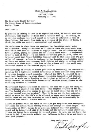[Letter from Dan A. Gallagher to Truett Latimer, February 21, 1961]