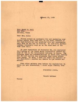 [Letter from Truett Latimer to Mrs. Harry B. Hull, January 21, 1959]