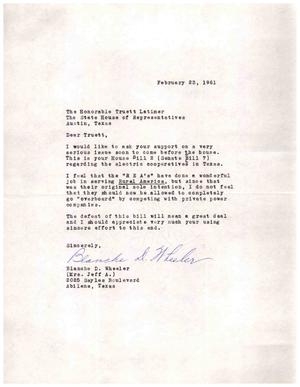 [Letter from Blanche D. Wheeler to Truett Latimer, February 23, 1961]