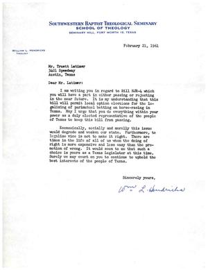 [Letter from William L. Hendricks to Truett Latimer, February 21, 1961]