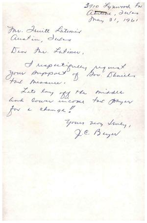 Primary view of object titled '[Letter from J. C. Beyer to Truett Latimer, May 31, 1961]'.