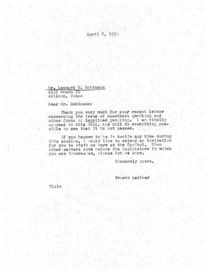 [Letter from Truett Latimer to Leonard D. Robinson, April 8, 1959]