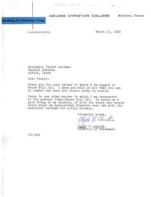 [Letter from Clyde N. Austin to Truett Latimer, March 13, 1959]