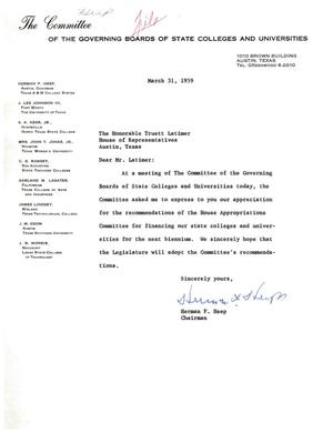 [Letter from Herman F. Heep to Truett Latimer, March 31, 1959]