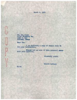 [Letter from Truett Latimer to Ira Allen, March 9, 1961]