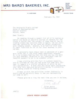 [Letter from Allen Baird to Truett Latimer, February 18, 1961]