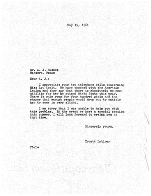 [Letter from Truett Latimer to A. J. Bishop, May 19, 1961]